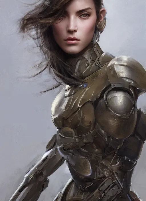 Image similar to a professional painting of a beautiful young female, clothed in military armor, olive skin, long dark hair, beautiful bone structure, symmetrical facial features, intricate, elegant, digital painting, concept art, smooth, sharp focus, illustration, from Metal Gear, by Ruan Jia and Mandy Jurgens and Artgerm and William-Adolphe Bouguerea