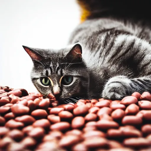 Prompt: photo of cat in cooked beans, 50mm, beautiful photo