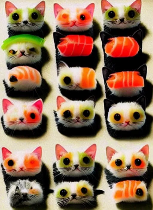 Image similar to clear photorealistic picture of adorable cats made out of sushi