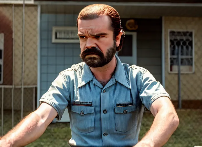 Image similar to film still of jim hopper as dustin henderson in stranger things, 8 k