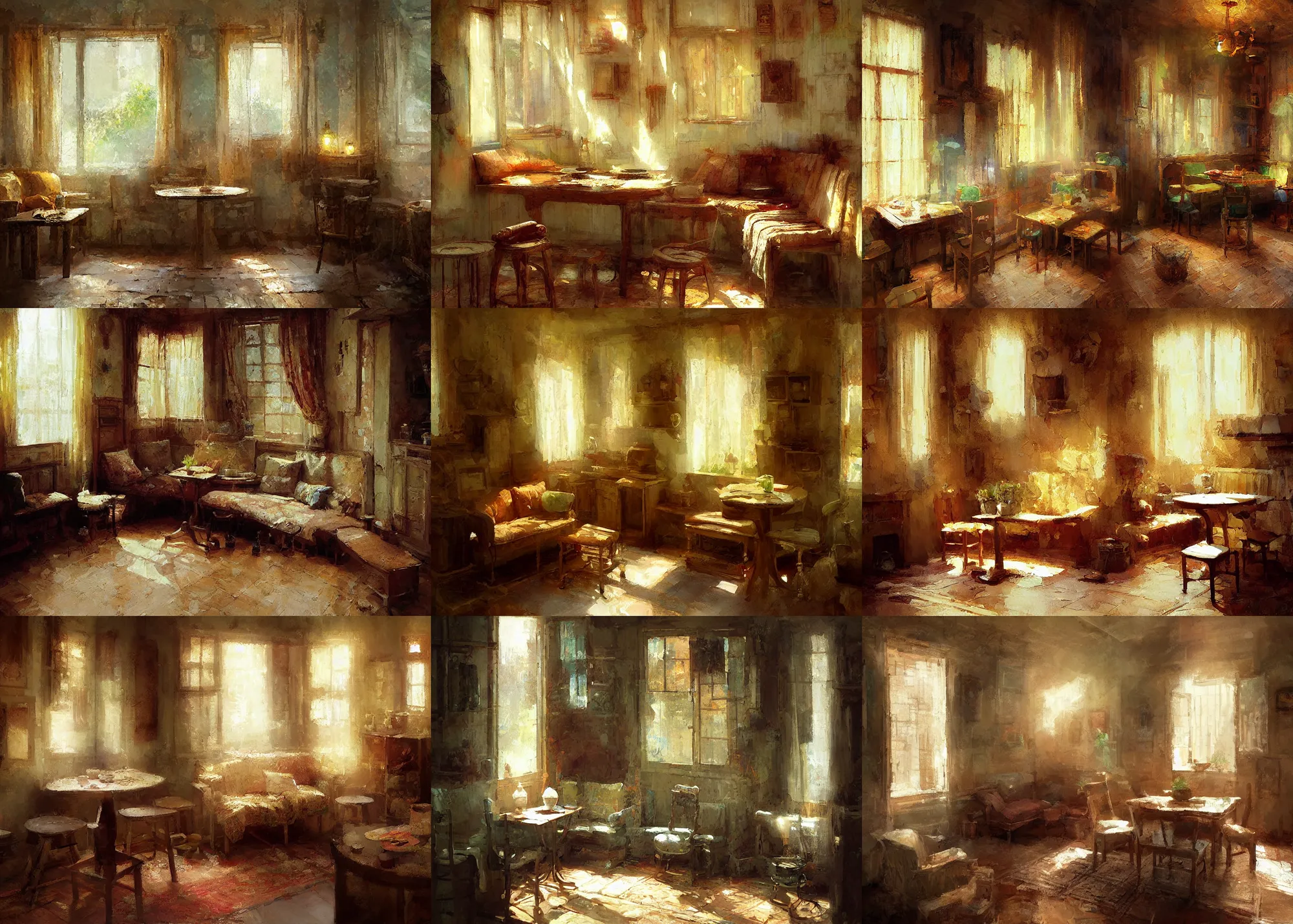 Prompt: digital art painting of the interior of a humble house, small wooden table, a small warn sofa and a kitchen painted by craig mullins and gaston bussiere and greg rutkowski, soft warm lighting