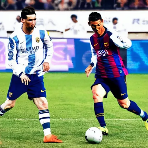 Prompt: messi and cristiano ronaldo playing football together, 8 k, 4 k uhd, realistic, hyper realistic, super detailed, very detailed, detailed