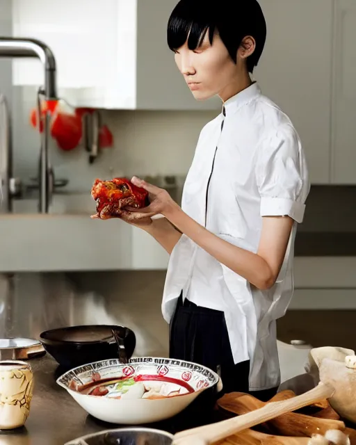 Image similar to wide shot photoshoot of tao okamoto preparing a meal, 8 k, photorealistic