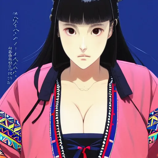 Image similar to a beautiful plus sized model japanese natalie portman, alluring, wearing oversized mayan bomber jacket and leotard with overalls, bulky poofy bomber jacket with mayan patterns, aztec street fashion, gapmoe yandere grimdark, trending on pixiv fanbox, painted by greg rutkowski makoto shinkai takashi takeuchi studio ghibli, akihiko yoshida