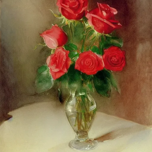 Image similar to red roses in a crystal vase, water paint, watercolor blooms, jmw turner, john singer sargent