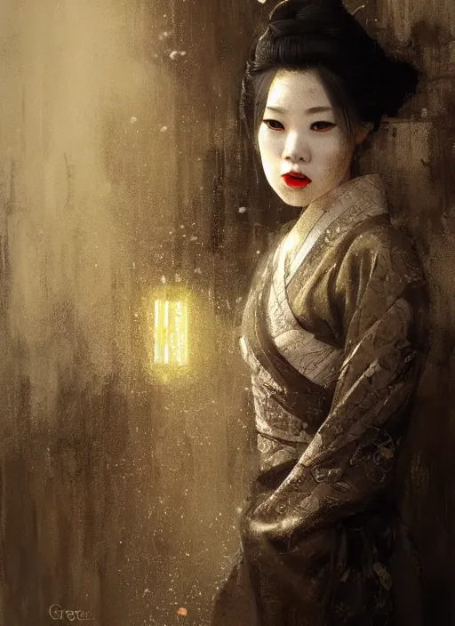 Image similar to female geisha girl, beautiful face, rule of thirds, intricate outfit, spotlight, trypophobia, by greg rutkowski, by jeremy mann