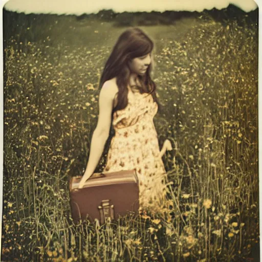 Prompt: tiltshift lens polaroid expired film photograph of a beautiful female teen with long brown hair wearing a floral sleeveless strappy sundress and holding a suitcase while running through a field of grass and flowers at dusk, photorealistic, insanely detailed, tintype, deckle edge, motion blur, long exposure, 1980s, by francesca woodman. The seeds are [1487075990, 278122496, 2717433015, 2786145441 3661723873, 3817953902]