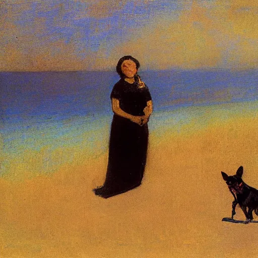 Image similar to a woman and her black and brown chihuahua by the sea by odilon redon