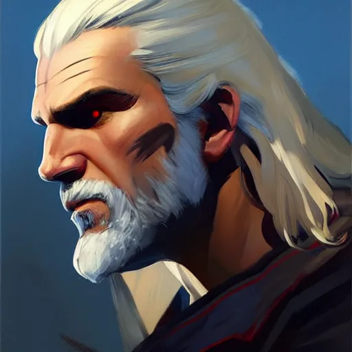 Image similar to Greg Manchess portrait painting of Geralt of Riva as Overwatch character, medium shot, asymmetrical, profile picture, Organic Painting, sunny day, Matte Painting, bold shapes, hard edges, street art, trending on artstation, by Huang Guangjian and Gil Elvgren and Sachin Teng