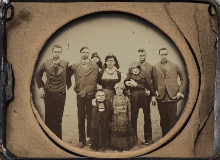 Prompt: a tintype photograph. photo of a group of people in front of the circus of watches, a family of monsters