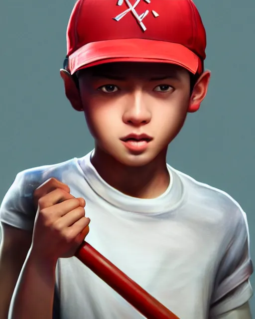 Image similar to a young boy wearing a horizontal striped shirt and a red baseball cap, holding a baseball bat, digital painting, artstation, concept art, sharp focus, octane render, illustration, art by ayami kojima, apex legends character,