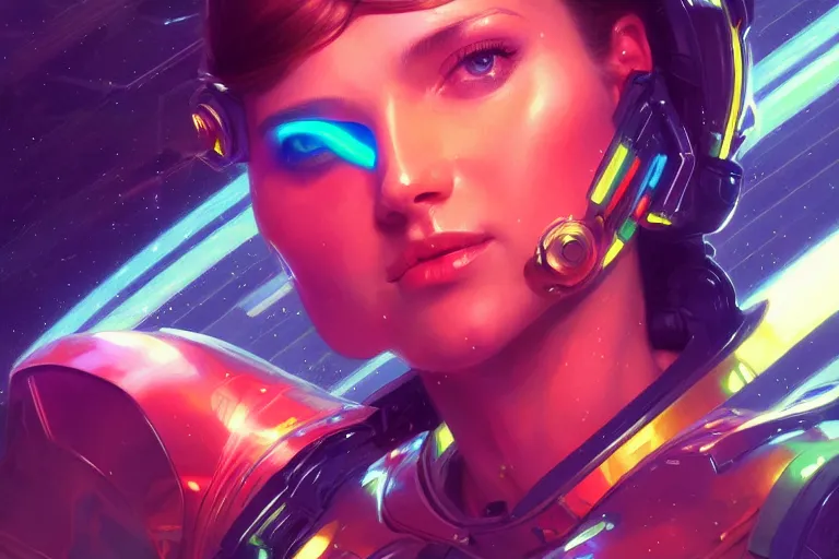 Image similar to Exhausted good looking young woman, close up portrait, wearing neon colored armour suit in a space station, elegant, intricate, retrofuturistic digital painting, artstation, concept art, smooth, sharp focus, illustration, art by artgerm and greg rutkowski and alphonse mucha