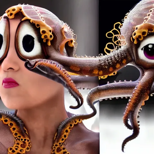 Image similar to flying adorable lady octopus with big eyelashes flirting with the cameraman, real footage, masterpiece