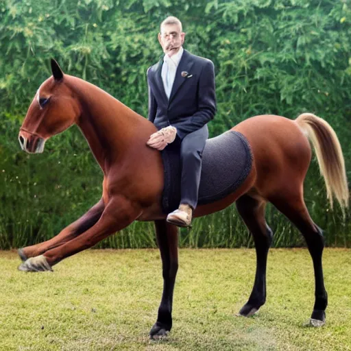 Image similar to an antropomorphic horse wearing a suit smoking a cigar