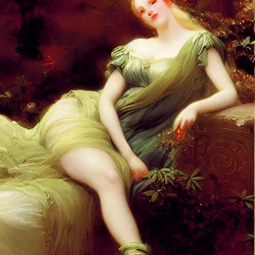 Image similar to blonde beautiful sleeping princess by Franz Xaver Winterhalter and Delphin Enjolras and Rebecca Guay