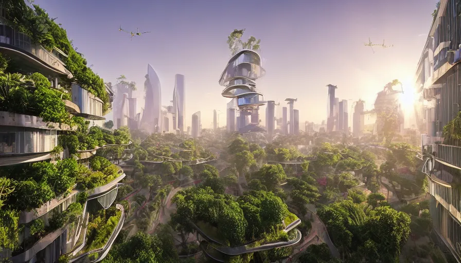 Prompt: Sunrise over solarpunk city, many trees and plants, archdaily, straight lines, many flying cars, busy streets filled with pedestrians, sun rays, vines, vertical gardens, utopia, beautiful glass and steel architecture, extreme detail, futuristic
