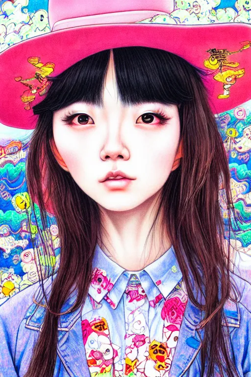 Image similar to taiwanese girl wearing cowboy hat, style of yoshii chie and hikari shimoda and martine johanna, highly detailed