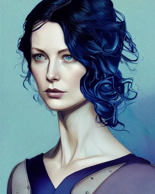 Image similar to in the style of joshua middleton, artgerm, beautiful caitriona balfe, steampunk, full body, blue dress, elegant pose, middle shot, spooky, symmetrical face, symmetrical eyes, detailed realisitc eyes, detailed realistic eyes, detailed and intricate