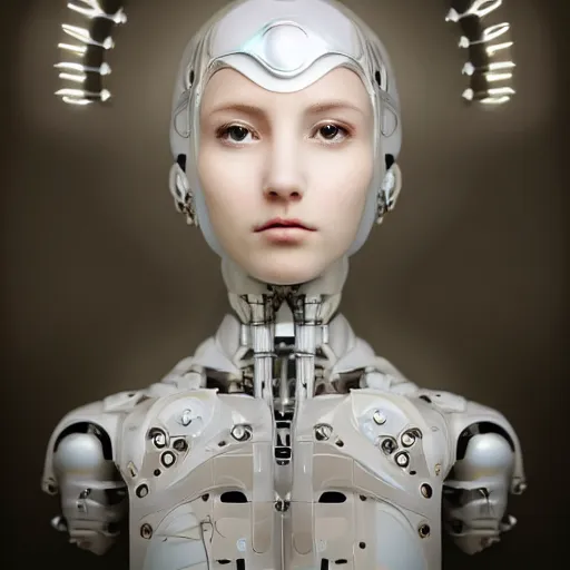Prompt: beautiful centered fine art photo portrait of beautiful girl as a solarpunk robotic humanoid, white mechanical parts with led lights, bouguereau style pose, photorealistic, white background, highly detailed and intricate, soft box lighting, hdr 8 k