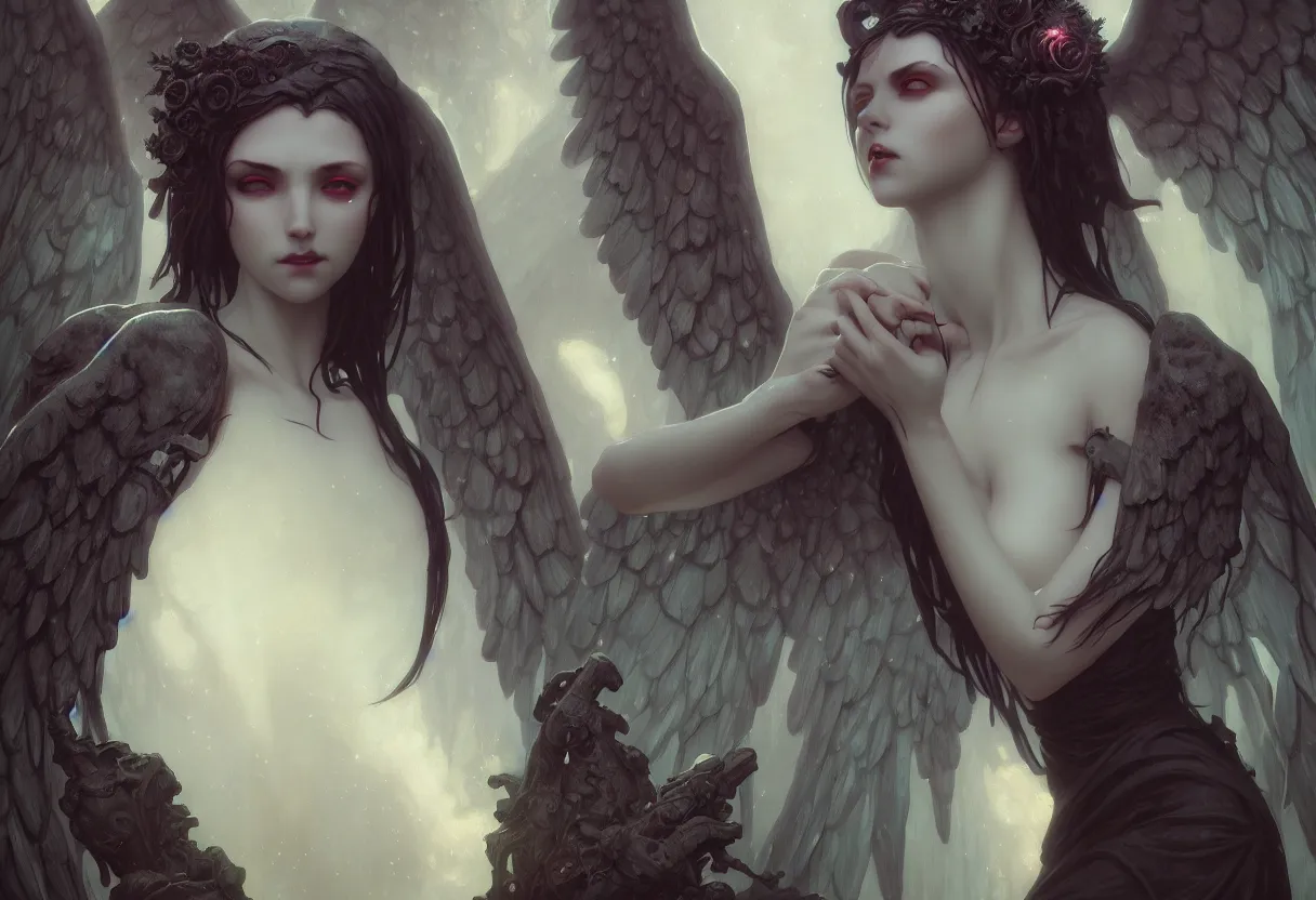 Image similar to beautiful very extreme closeup portrait, gothic girl, goth, vampire, weeping angels, angel of grief, stone statues, beautiful woman body, unreal engine, greg rutkowski, loish, rhads, beeple, tom bagshaw, alphonse mucha, global illumination, detailed and intricate environment