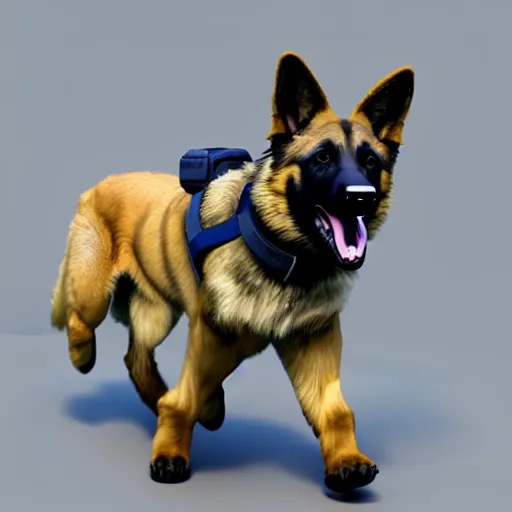 Image similar to police dog german sheperd, 3 d model, cartoony, unreal engine, 4 k, artstation, dreamworks, ultra quality, blue uniform, badge on collar, pixar, rollerkates