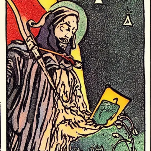 Prompt: The Tarot Hermit card but Joshua Benjio AI scientist on the card. Classic Rider–Waite tarot deck illustrated by Pamela Colman Smith