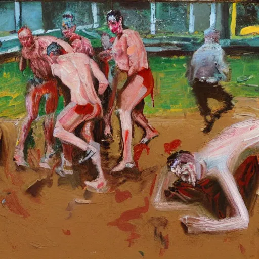 Image similar to 3 drunks fall over mud - wrestling,, where's wally, oil painted ( ( by francis bacon ) )