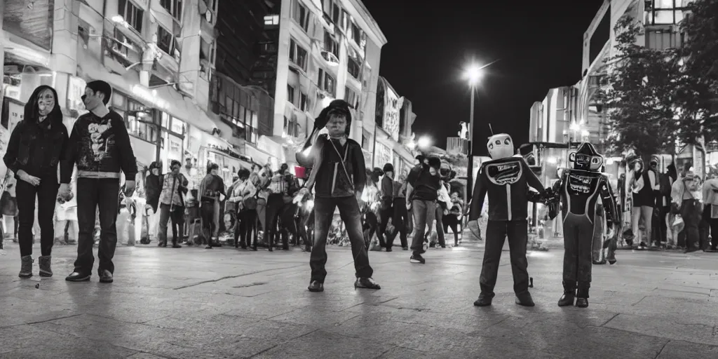 Prompt: two robots holding hands downtown at night in the middle of a crowd, wide angle, 24mm lens