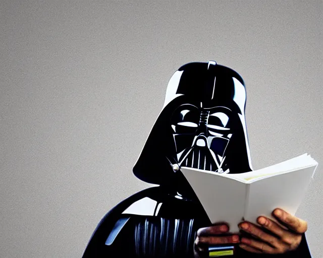 Image similar to a photograph of Darth Vader reading a book about moral philosophy