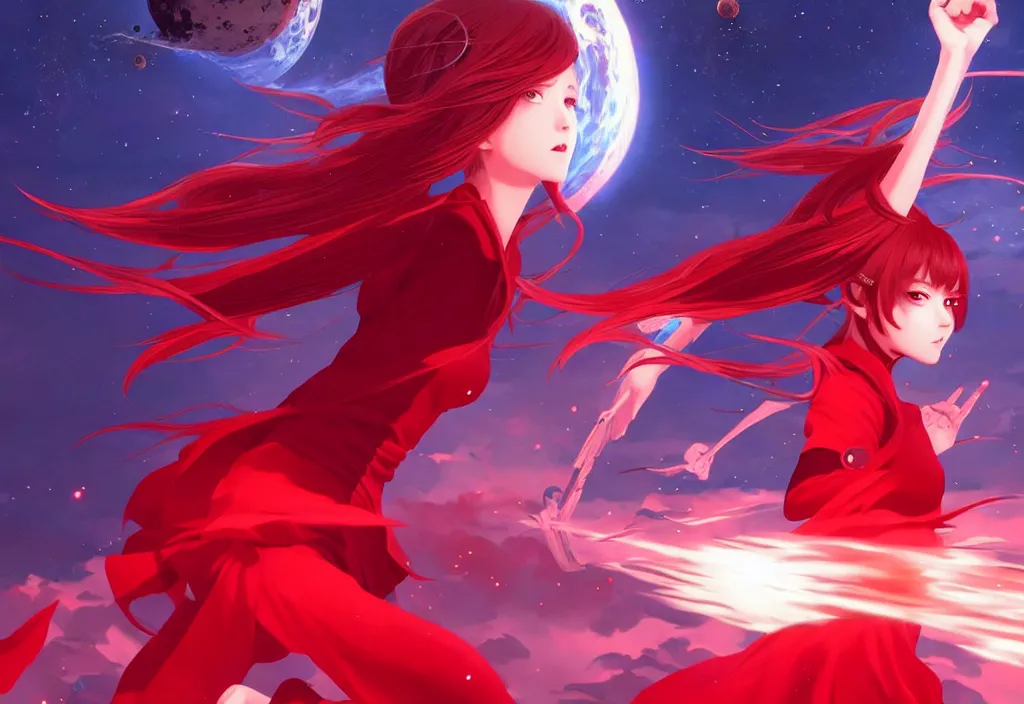 Image similar to red dressed summoner girl fighting against outer gods with their creatures. floating planets on the background, box office hit, fantasy and cosmic horror movie, unreal engine, intricate, highly detailed 8 k, ambient occlusion, extremely beautiful and aesthetic shape of face and body, art by hiroaki samura and ilya kuvshinov and rossdraws