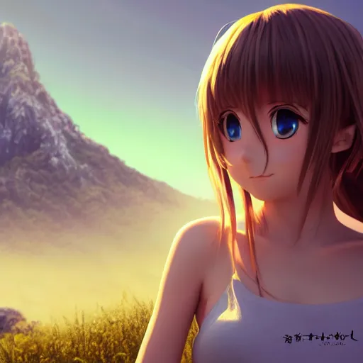 Image similar to Render of a very beautiful 3d anime girl, long hair, hazel eyes, cute freckles, full round face, short smile, cute sundress, golden hour, serene mountain setting, medium shot, mid-shot, highly detailed, trending on Artstation, Unreal Engine 4k