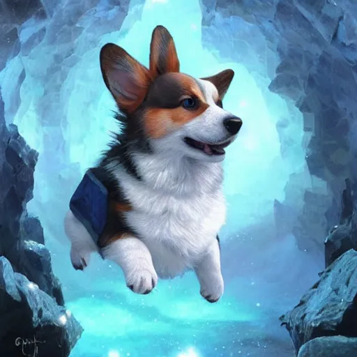 Prompt: a cute corgi puppy exploring a sparkling blue ice cave, fantasy art, highly detailed, hyperrealistic, extremely beautiful digital painting by greg rutkowski and simon stalenhag and artgerm and moebius