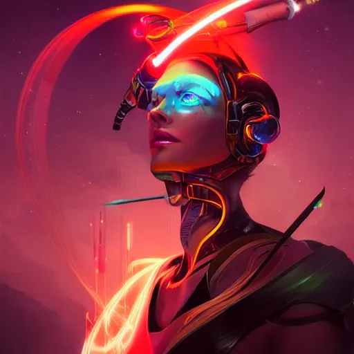 Image similar to portrait of an astonishing beautiful futuristic robot archer, glowing neon bow, realistic, artgerm and peter mohrbacher style, 4k