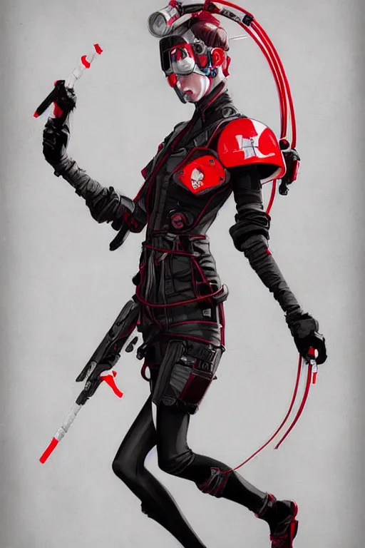 Image similar to covid - 1 9 nurse holding a syringe, wearing cyberpunk nurse armor, black and white and red, by tom bagshaw and alphonse mucha and atey ghailan and artgerm and and greg rutkowski, hyper realistic, octane render, trending on artstation