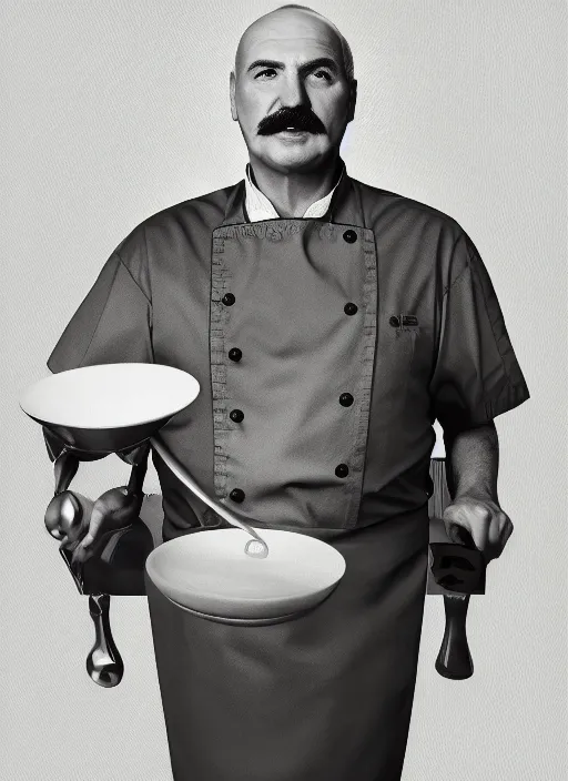 Image similar to digital portrait of a cooking chief looking like alexander lukashenko, photo realism