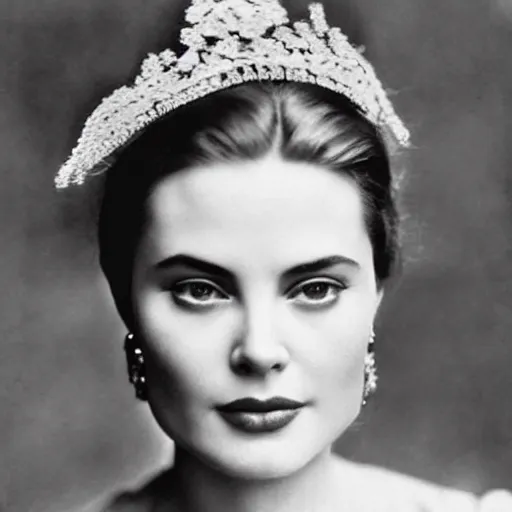 Image similar to victorian photograph of grace kelly, angelina jolie, 1 8 9 0 s photography, 1 9 0 0, realistic face, symmetrical face, detailed, grainy, edwardian, old photo