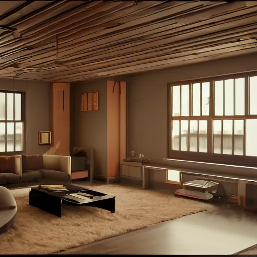 Image similar to Sci fi living room research laboratory, electric wallpaper, unreal engine 5 tech demo, zillow interior, cool tint, metallic reflective, octane render, Frank Lloyd Wright ((Studio Ghibli))