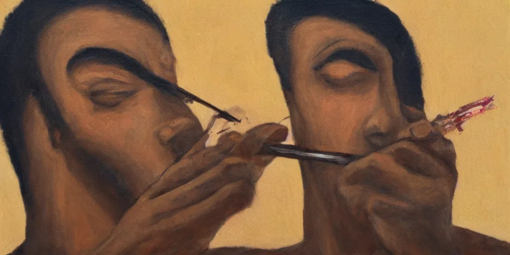 Prompt: abstract painting of a man removing a nail from his third eye