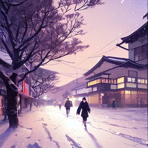 Image similar to walking around snow covered ozu city and shimonad station, ehime, japan. volumetric lighting, clear winter night, realistic illustration, perfectly shaded, soft painting, art by krenz cushart and wenjun lin