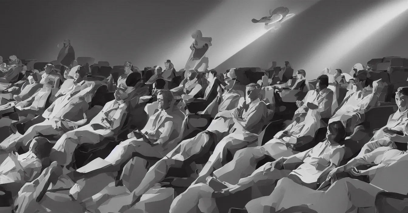 Image similar to human beings sit in the cinema and watch the illusions of their lives on the screens of life, which project the light of consciousness, realistic, deep sense of spirituality, contrast shading, unreal engine, vray, style of syd mead