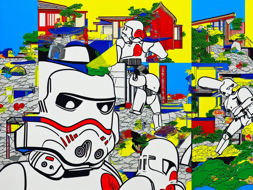 Image similar to hyperrealistic composition of the japanese home with a garden, stormtrooper in hot springs, pop - art style, jacky tsai style, andy warhol style, roy lichtenstein style, rich palette, acrylic on canvas