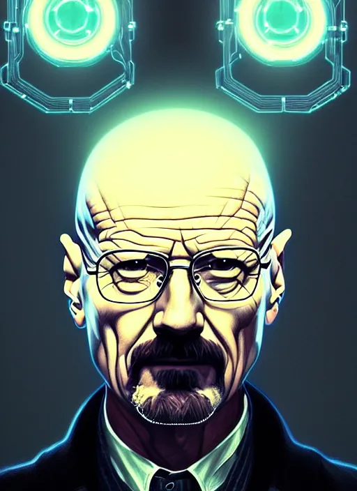 Image similar to symmetry portrait of walter white, sci - fi, tech wear, glowing lights intricate, elegant, highly detailed, digital painting, artstation, concept art, smooth, sharp focus, illustration, art by artgerm and greg rutkowski and alphonse mucha