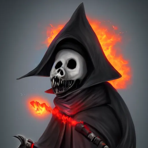 Prompt: a ghostly anthropomorphic rat with skull face and glowing red eyes wearing black tattered robes and holding two blue flames, grim reaper except a rat, photorealistic, artstation