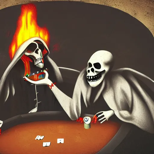 Prompt: a grim reaper playing poker in hell