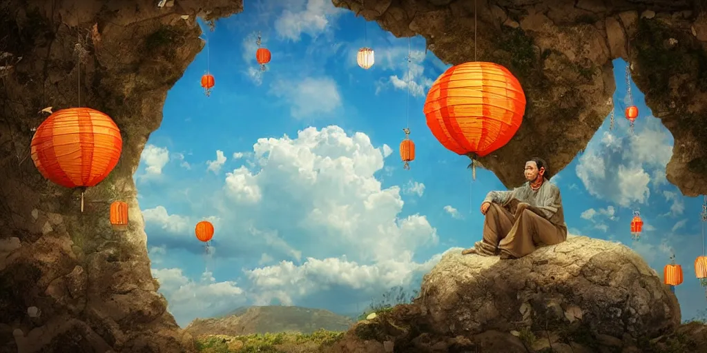 Prompt: wind deva enjoying the view from his stone heavenly palace, decorated with windchimes and paper lanterns, stunning nature and clouds in background, digital art