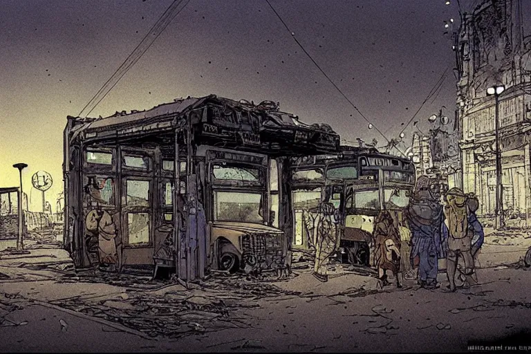 Prompt: bus stop at silent dark city, post apocalyptic city street by Moebius