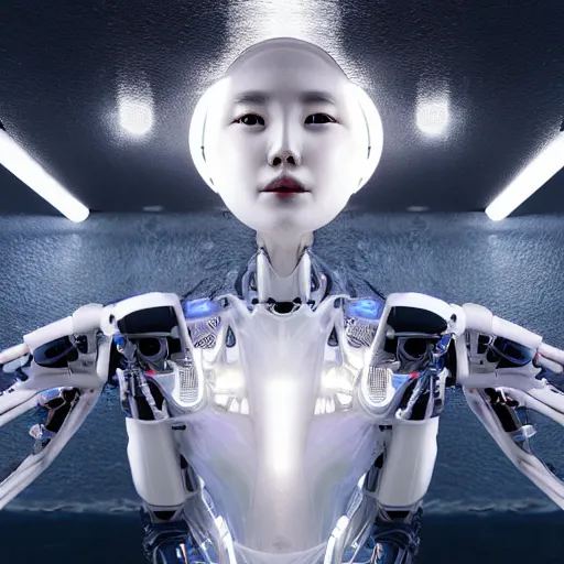 Image similar to beautiful centered Fine art photo portrait of HoYeon Jung as a solarpunk robotic humanoid treading on water, white mechanical parts with led lights, photorealistic, white background, highly detailed and intricate, sun lighting, HDR 8k