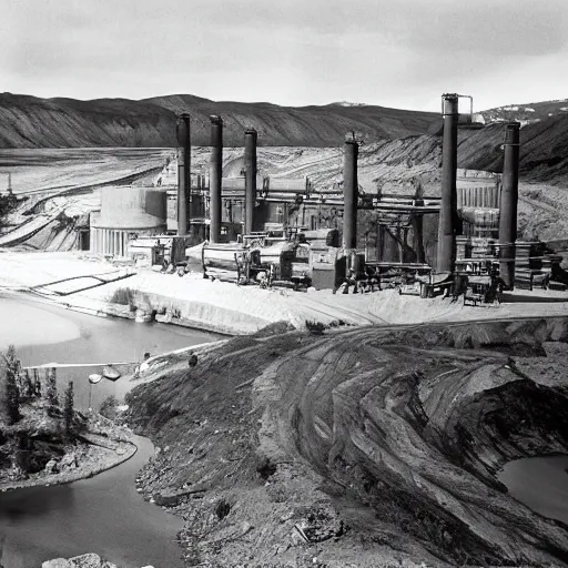 Prompt: A cement factory next to river rapids in the Yukon, by Charles Sheeler and Santeri Soininen