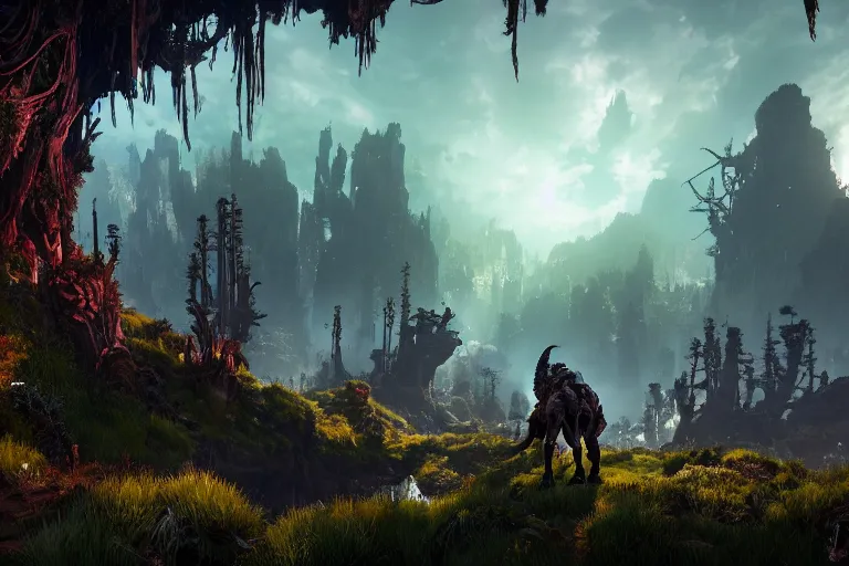 Image similar to wide epic shot from horizon forbidden west with a view on a hyper detailed organic mechanic creatuve realistic similar look as horizon forbidden west horizon zero dawn, bioluminiscence in a dark deep forest at dawn in spring, with reflection and textures, by kilian eng, substance painter realistic mech surface metal painted scratches, world env from horizon forbidden west horizon zero dawn