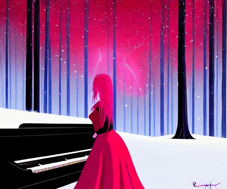 Prompt: a painting of a beautiful face gothic girl, pink hair in a stunning red dress playing a piano in the dark snowy forestby randolph stanley hewton and alena aenami, cg society contest winner, retrofuturism, matte painting